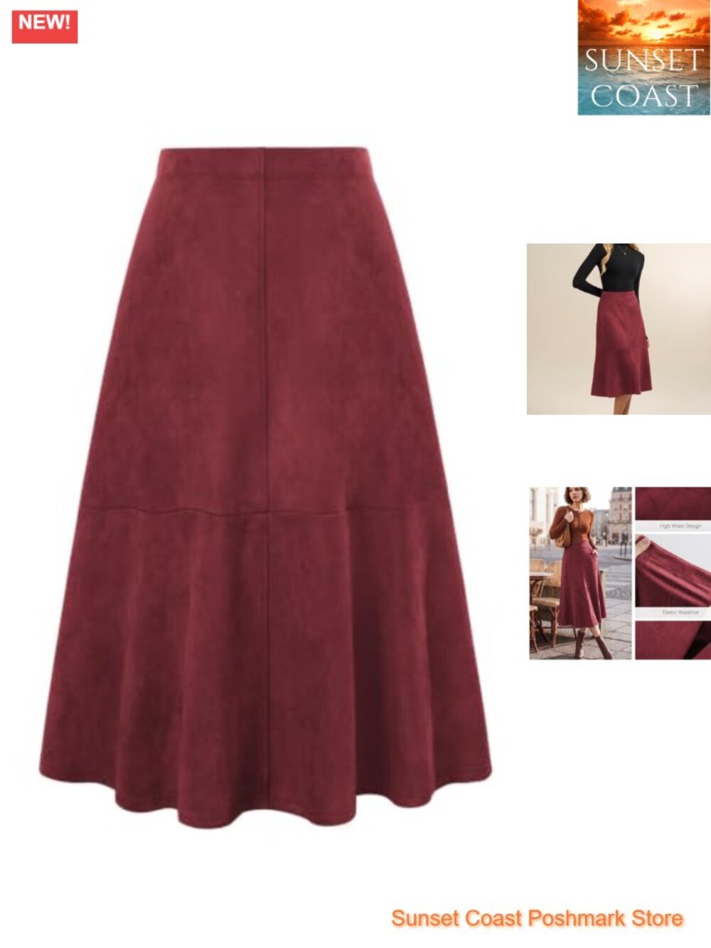 Faux Suede High Waist Midi Skirt A-Line Fall Winter
